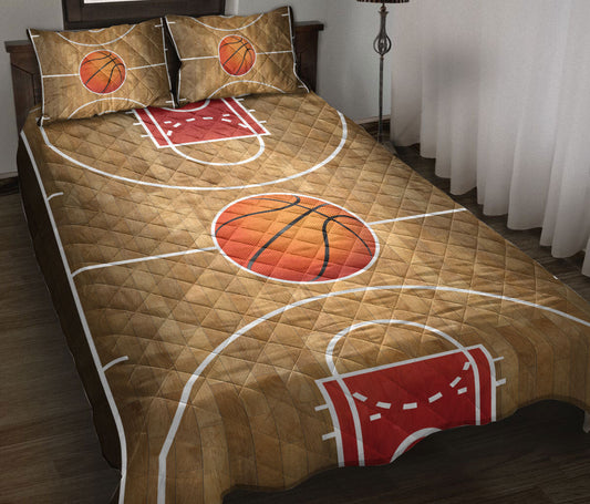 Basketball Quilt Set, Basketball Ball Court Basketball Women Men Kids Quilt Blanket With Pillowcases, Quilt Bedding Set