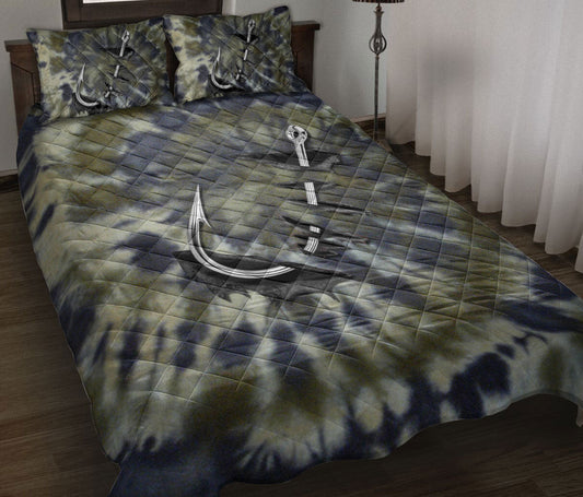 Fishing Quilt Set, Fishing Hook Dark Green Quilt Blanket With Pillowcases, Quilt Bedding Set