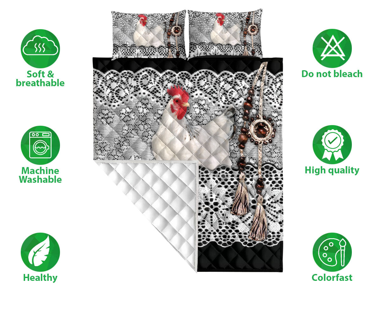 Chicken Quilt Set, White Chicken Black & White Amigurumi Farm Quilt Blanket With Pillowcases, Quilt Bedding Set