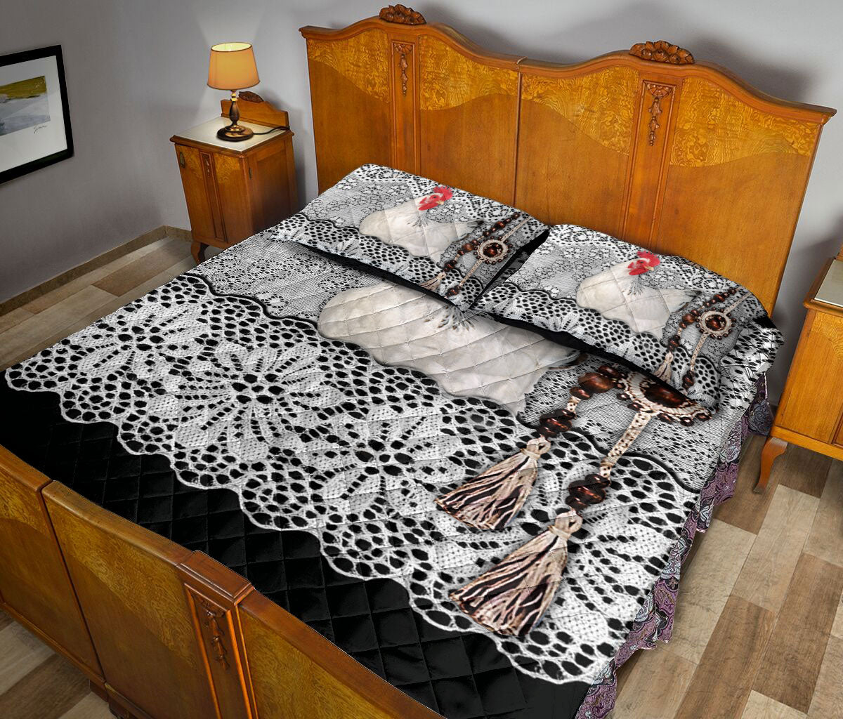 Chicken Quilt Set, White Chicken Black & White Amigurumi Farm Quilt Blanket With Pillowcases, Quilt Bedding Set