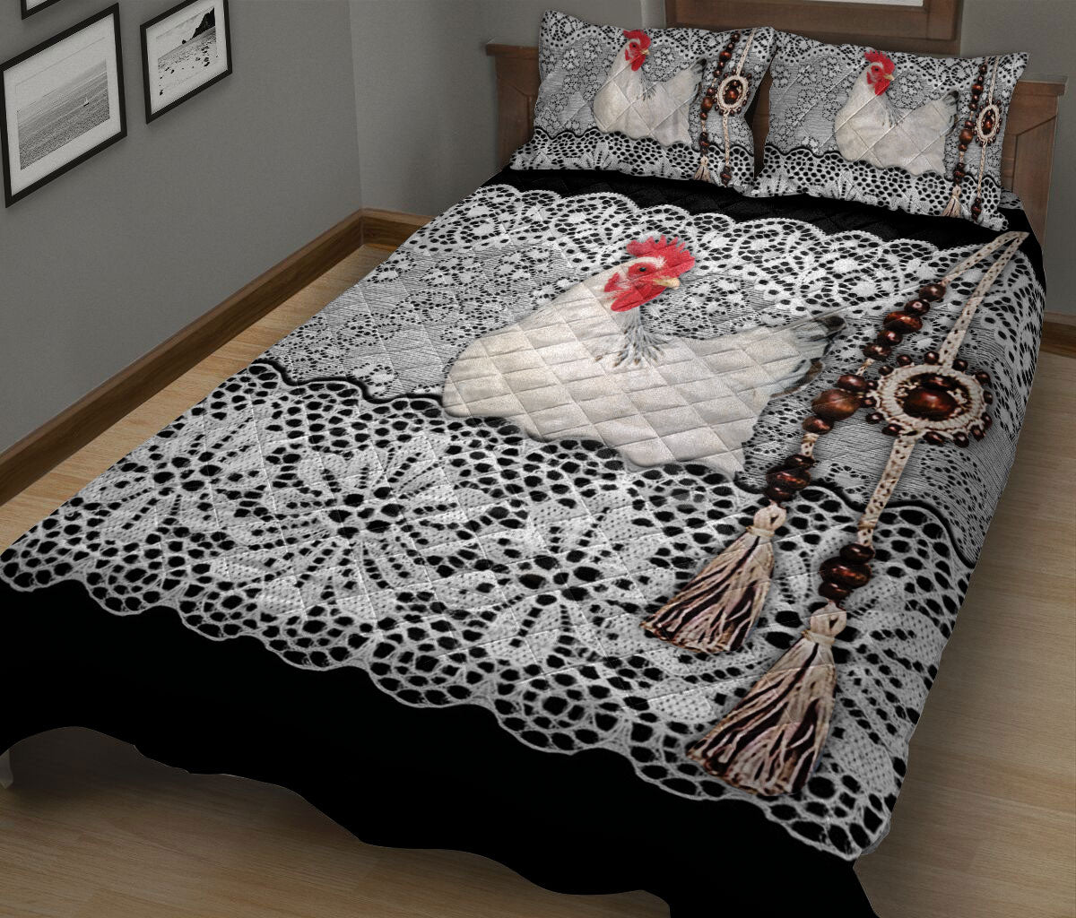 Chicken Quilt Set, White Chicken Black & White Amigurumi Farm Quilt Blanket With Pillowcases, Quilt Bedding Set