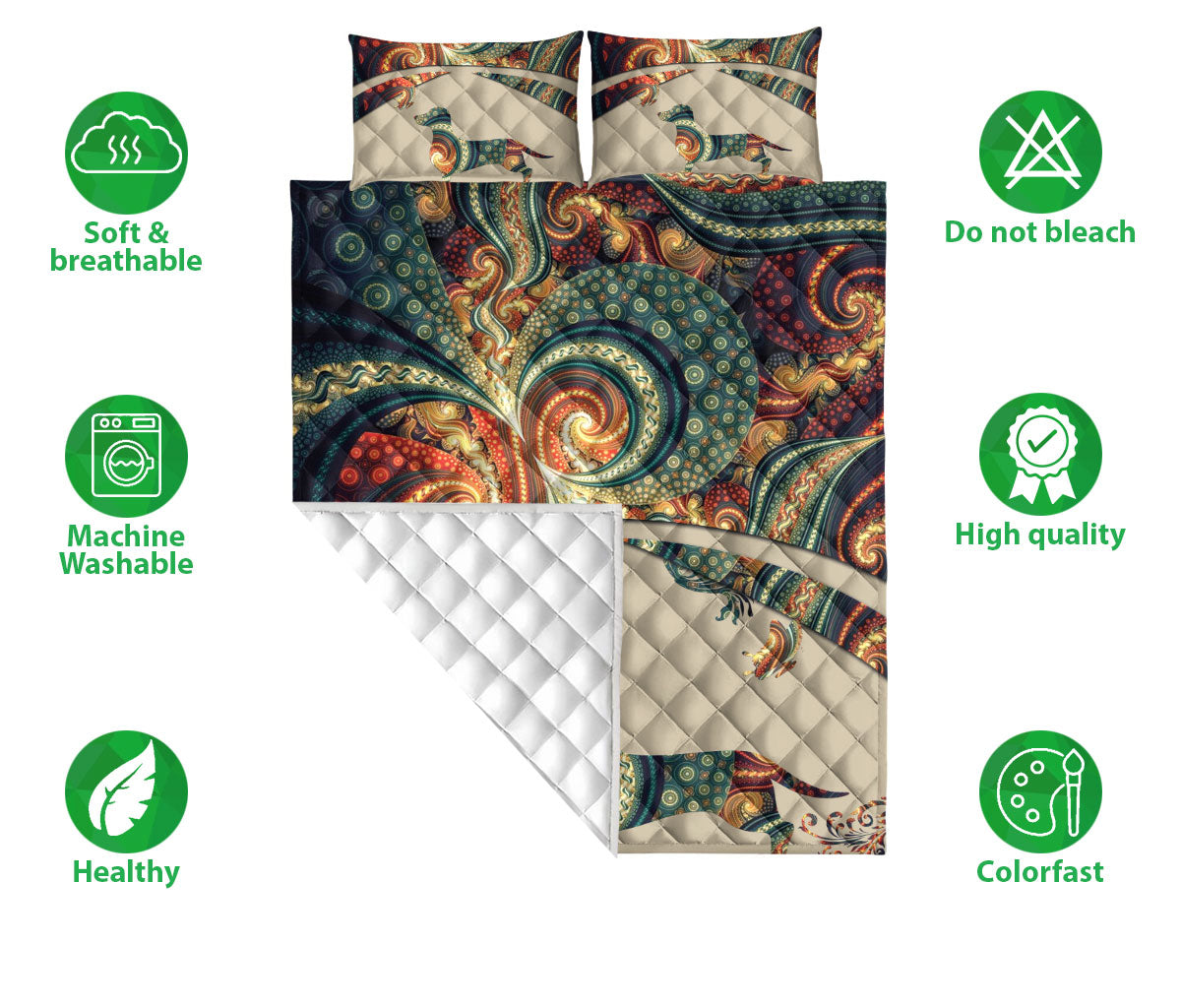 Dachshund Quilt Set, Dachshund Weiner Doxie Dog Mandala Flower Floral Quilt Blanket With Pillowcases, Quilt Bedding Set