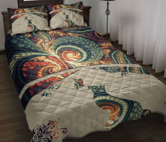 Cat Quilt Set, Cat Cats Mandala Flower Floral Bohemian Quilt Blanket With Pillowcases, Quilt Bedding Set
