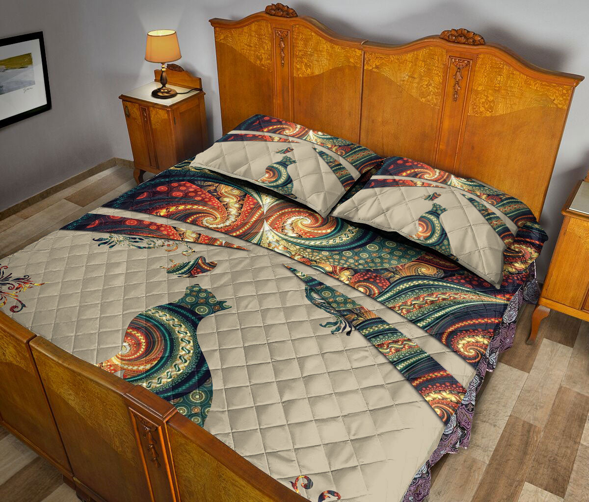 Cat Quilt Set, Cat Cats Mandala Flower Floral Bohemian Quilt Blanket With Pillowcases, Quilt Bedding Set