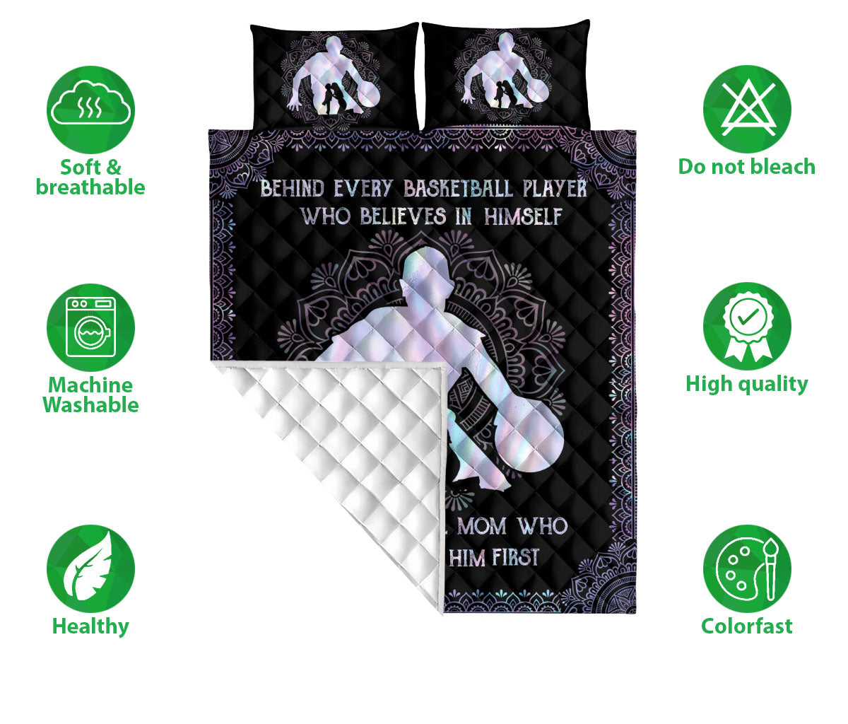 Basketball Quilt Set, Behind Basketball Player Mom Believe In Him Quilt Blanket With Pillowcases, Quilt Bedding Set