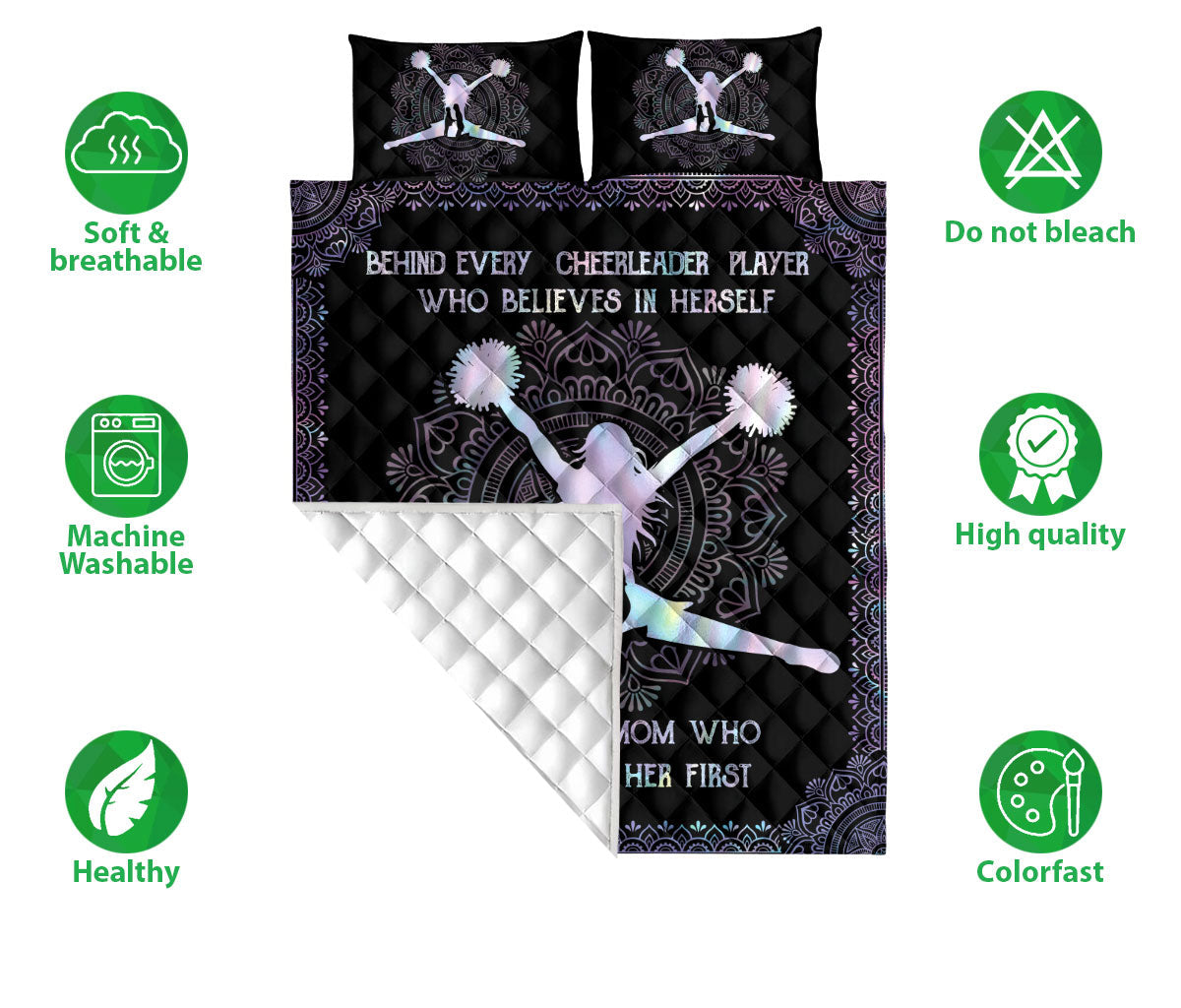 Cheerleading Quilt Set, Behind Cheerleader Is Mom Believe In Her Quilt Blanket With Pillowcases, Quilt Bedding Set