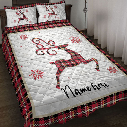 Personalized Deer Quilt Set, Christmas Reindeer Snowflake Red Plaid Quilt Blanket With Pillowcases, Custom Name Quilt Bedding Set, Christmas Gift