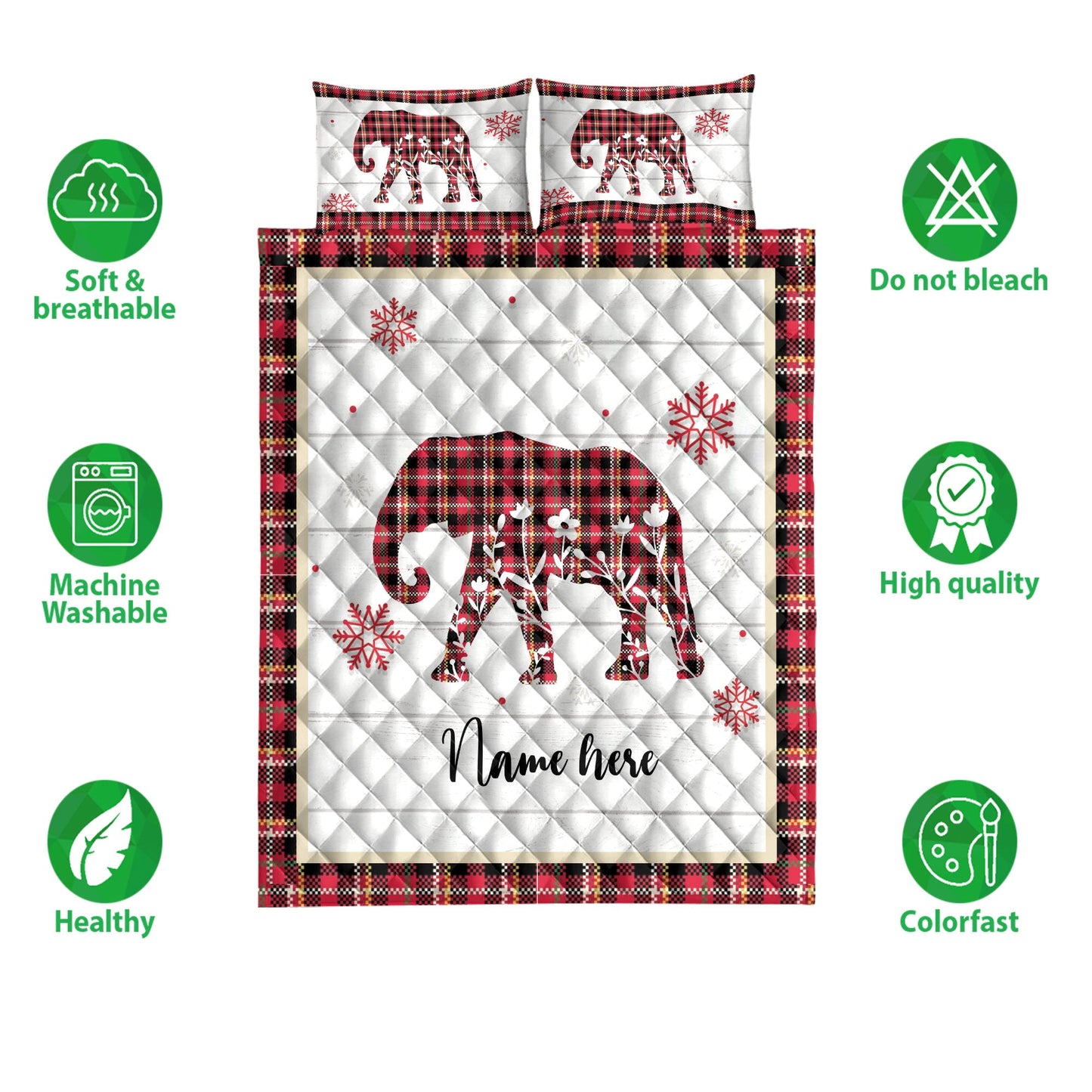 Personalized Elephant Quilt Set, Christmas Elephant Snowflake Red Plaid Quilt Blanket With Pillowcases, Custom Name Quilt Bedding Set, Christmas Gift