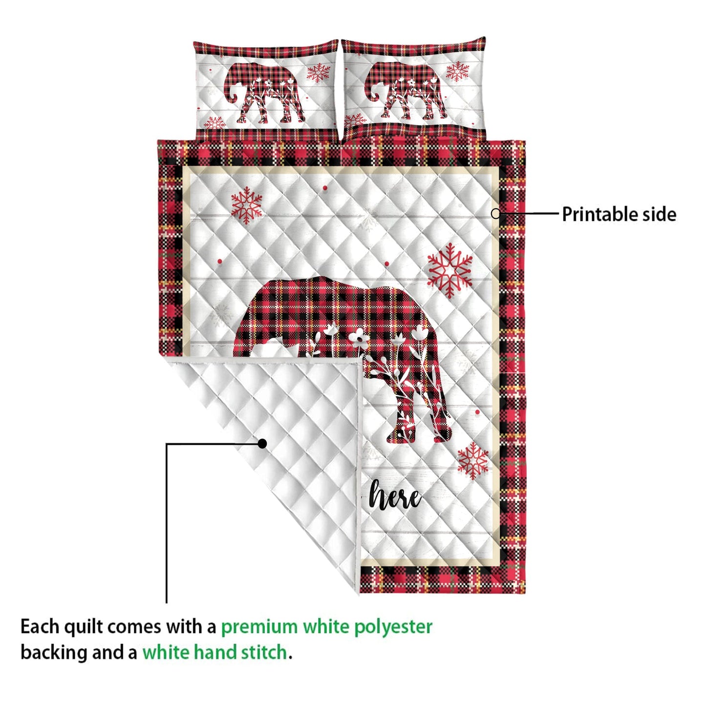 Personalized Elephant Quilt Set, Christmas Elephant Snowflake Red Plaid Quilt Blanket With Pillowcases, Custom Name Quilt Bedding Set, Christmas Gift