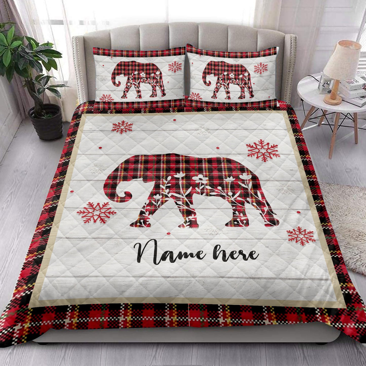 Personalized Elephant Quilt Set, Christmas Elephant Snowflake Red Plaid Quilt Blanket With Pillowcases, Custom Name Quilt Bedding Set, Christmas Gift