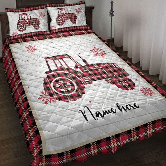 Personalized Tractor Quilt Set, Christmas Tractor Snowflake Red Plaid Quilt Blanket With Pillowcases, Custom Name Quilt Bedding Set, Christmas Gift