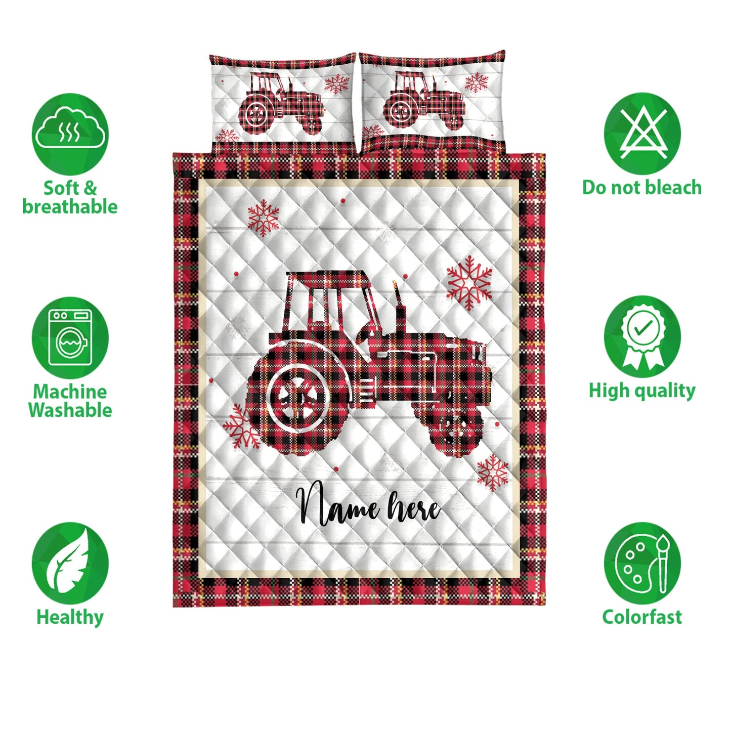 Personalized Tractor Quilt Set, Christmas Tractor Snowflake Red Plaid Quilt Blanket With Pillowcases, Custom Name Quilt Bedding Set, Christmas Gift
