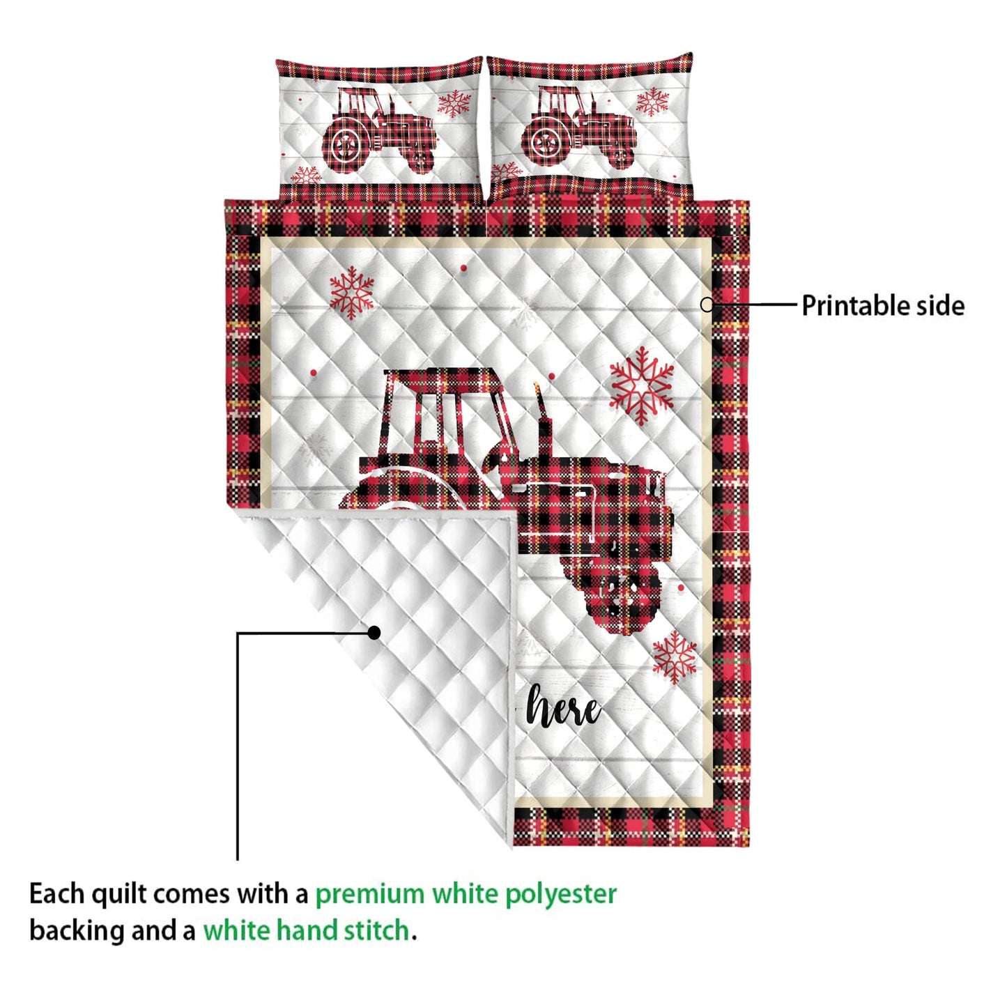 Personalized Tractor Quilt Set, Christmas Tractor Snowflake Red Plaid Quilt Blanket With Pillowcases, Custom Name Quilt Bedding Set, Christmas Gift