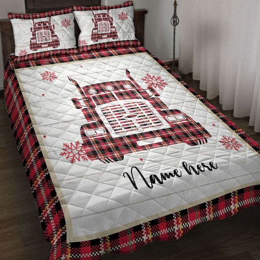 Personalized Trucker Quilt Set, Christmas Red Truck Snowflake Red Plaid Quilt Blanket With Pillowcases, Custom Name Quilt Bedding Set, Christmas Gift