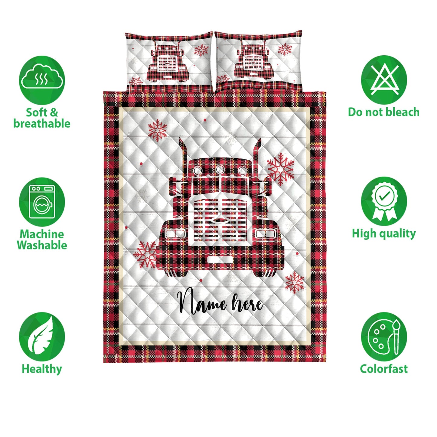 Personalized Trucker Quilt Set, Christmas Red Truck Snowflake Red Plaid Quilt Blanket With Pillowcases, Custom Name Quilt Bedding Set, Christmas Gift