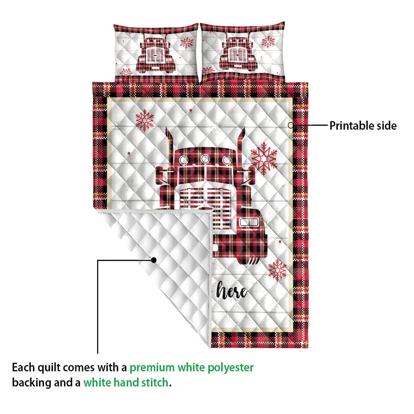 Personalized Trucker Quilt Set, Christmas Red Truck Snowflake Red Plaid Quilt Blanket With Pillowcases, Custom Name Quilt Bedding Set, Christmas Gift