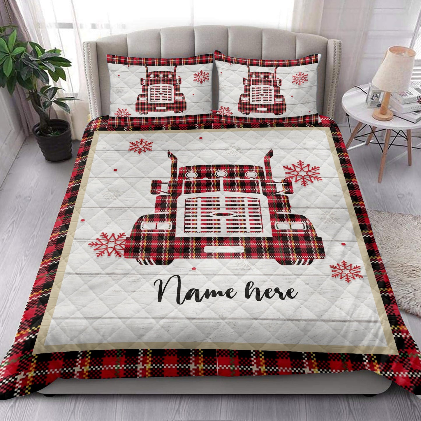 Personalized Trucker Quilt Set, Christmas Red Truck Snowflake Red Plaid Quilt Blanket With Pillowcases, Custom Name Quilt Bedding Set, Christmas Gift
