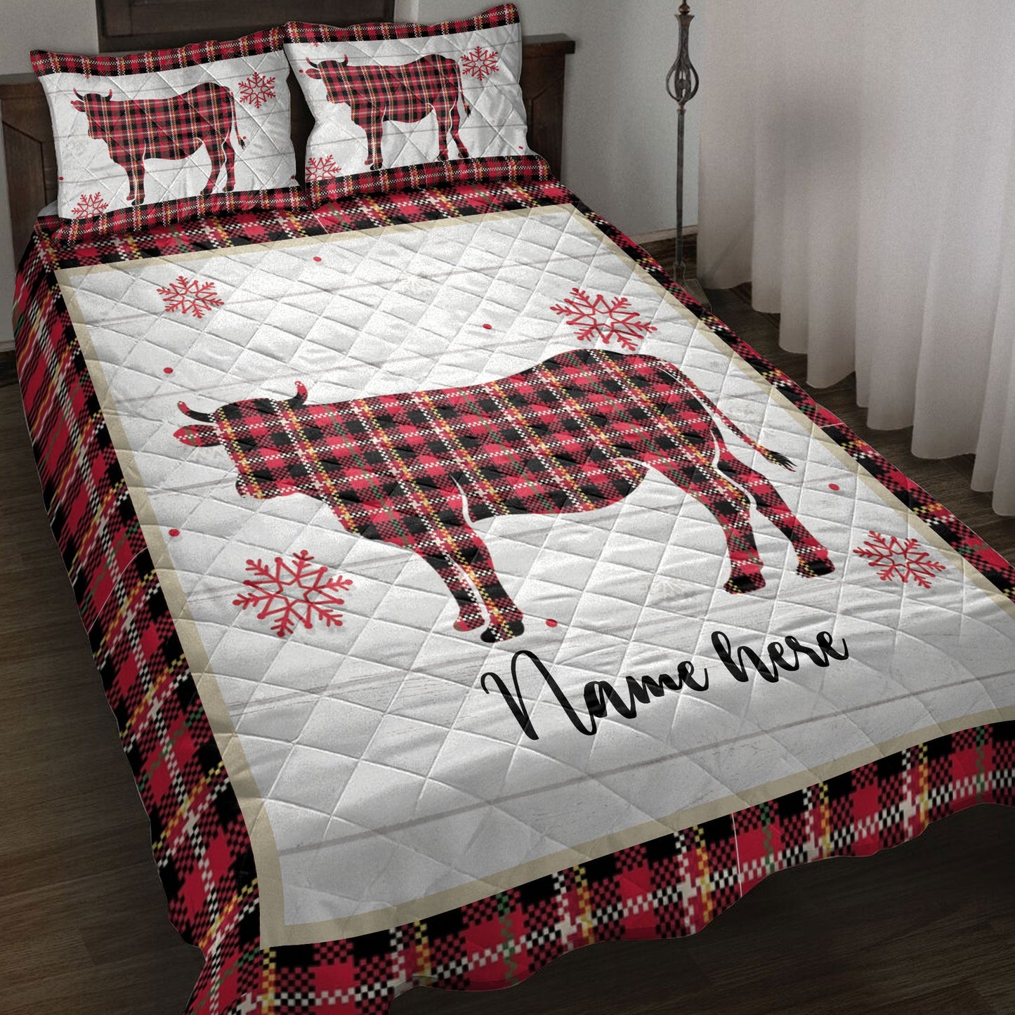 Personalized Cow Quilt Set, Christmas Cow Snowflake Red Plaid Quilt Blanket With Pillowcases, Custom Name Quilt Bedding Set, Christmas Gift