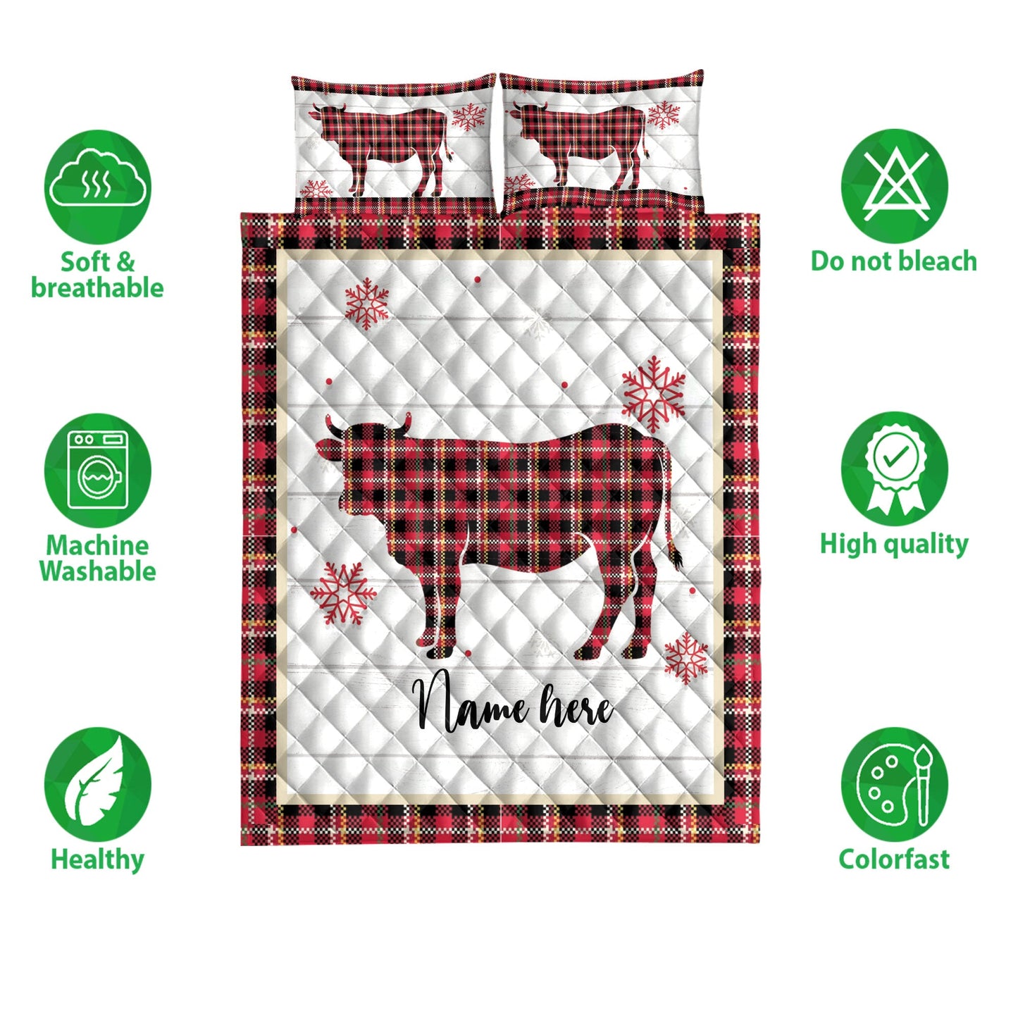 Personalized Cow Quilt Set, Christmas Cow Snowflake Red Plaid Quilt Blanket With Pillowcases, Custom Name Quilt Bedding Set, Christmas Gift
