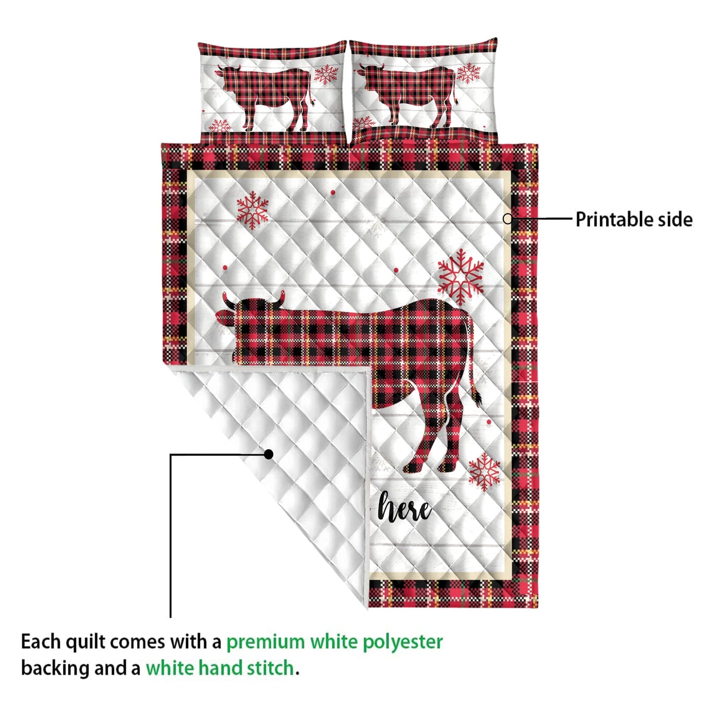 Personalized Cow Quilt Set, Christmas Cow Snowflake Red Plaid Quilt Blanket With Pillowcases, Custom Name Quilt Bedding Set, Christmas Gift