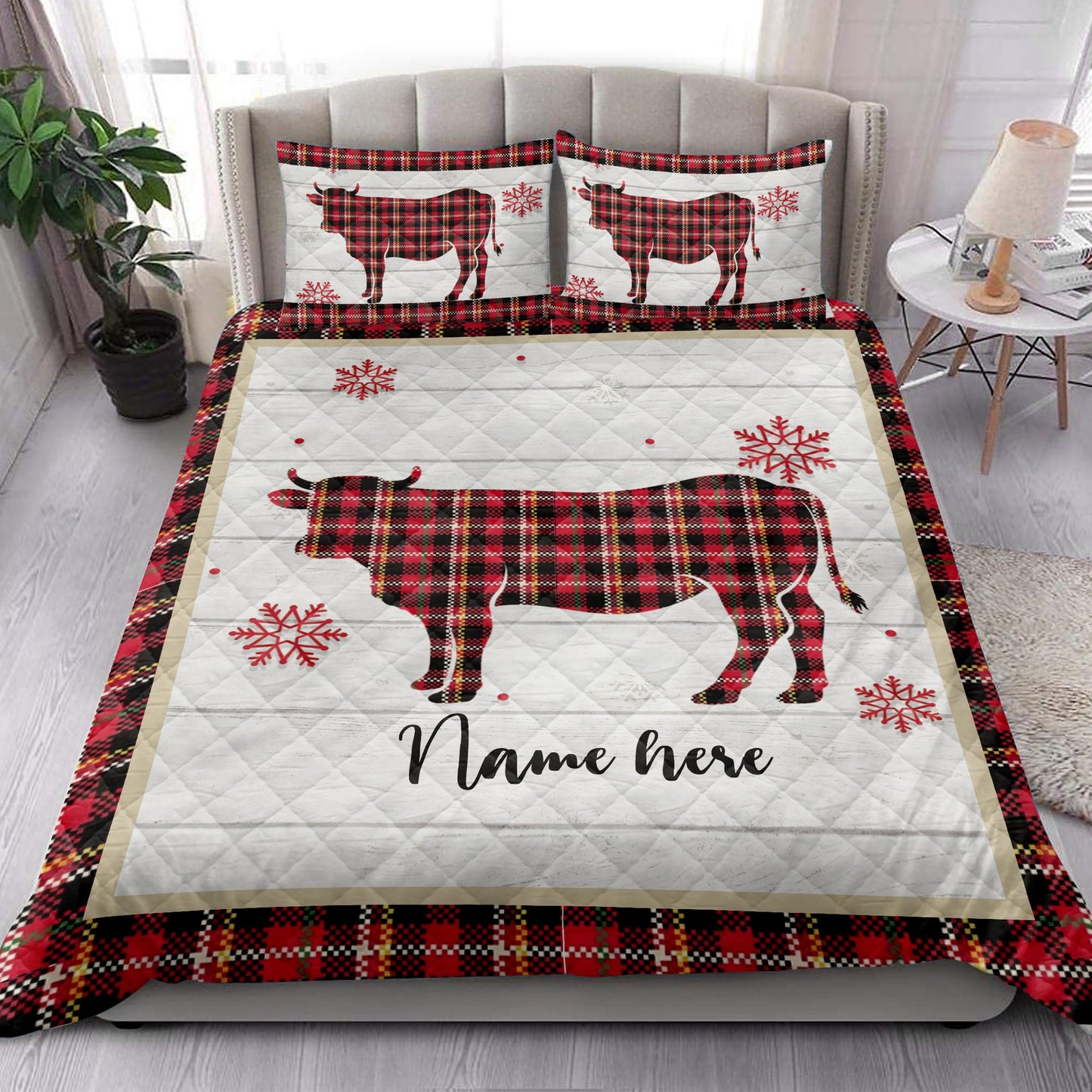 Personalized Cow Quilt Set, Christmas Cow Snowflake Red Plaid Quilt Blanket With Pillowcases, Custom Name Quilt Bedding Set, Christmas Gift