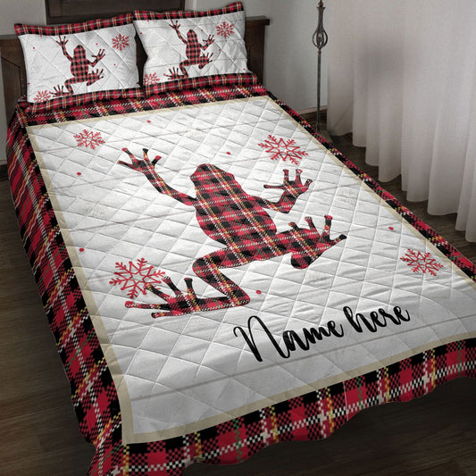 Personalized Frog Quilt Set, Christmas Frog Snowflake Red Plaid Quilt Blanket With Pillowcases, Custom Name Quilt Bedding Set, Christmas Gift