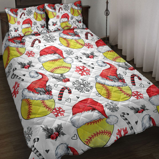 Softball Quilt Set, Softballmas Hat With Snowflake Candy Quilt Blanket With Pillowcases, Quilt Bedding Set, Christmas Gift