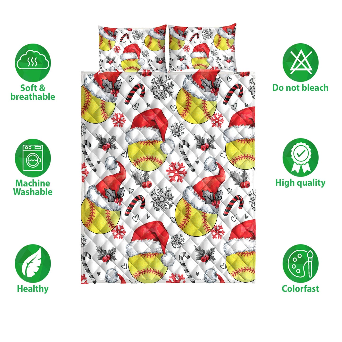 Softball Quilt Set, Softballmas Hat With Snowflake Candy Quilt Blanket With Pillowcases, Quilt Bedding Set, Christmas Gift