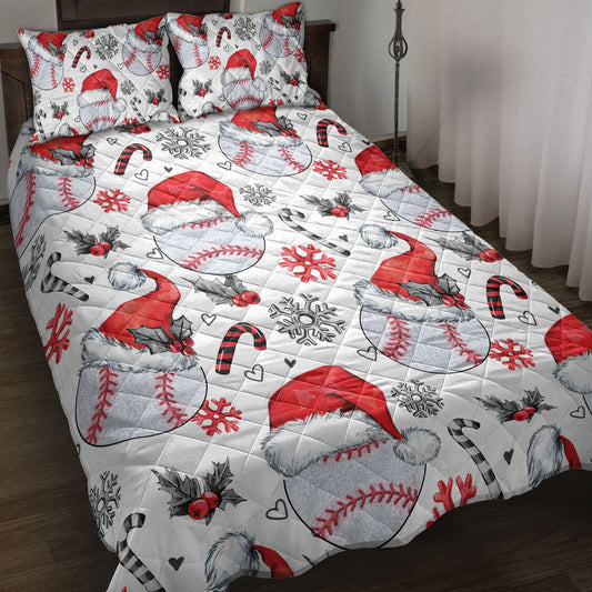 Baseball Quilt Set, Baseballmas Hat With Snowflake Candy Quilt Blanket With Pillowcases, Quilt Bedding Set, Christmas Gift, Sports Gifts