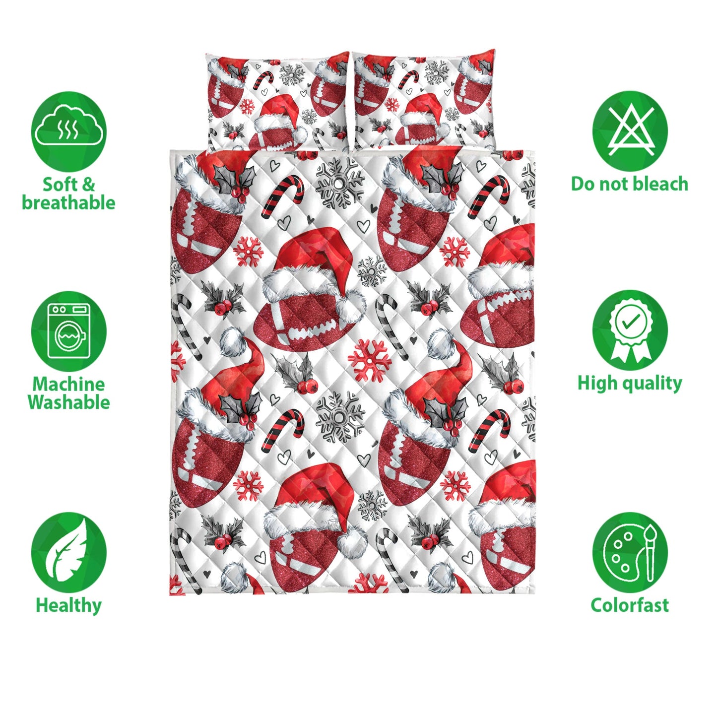 Football Quilt Set, Footballmas Hat With Snowflake Candy Quilt Blanket With Pillowcases, Quilt Bedding Set, Christmas Gift