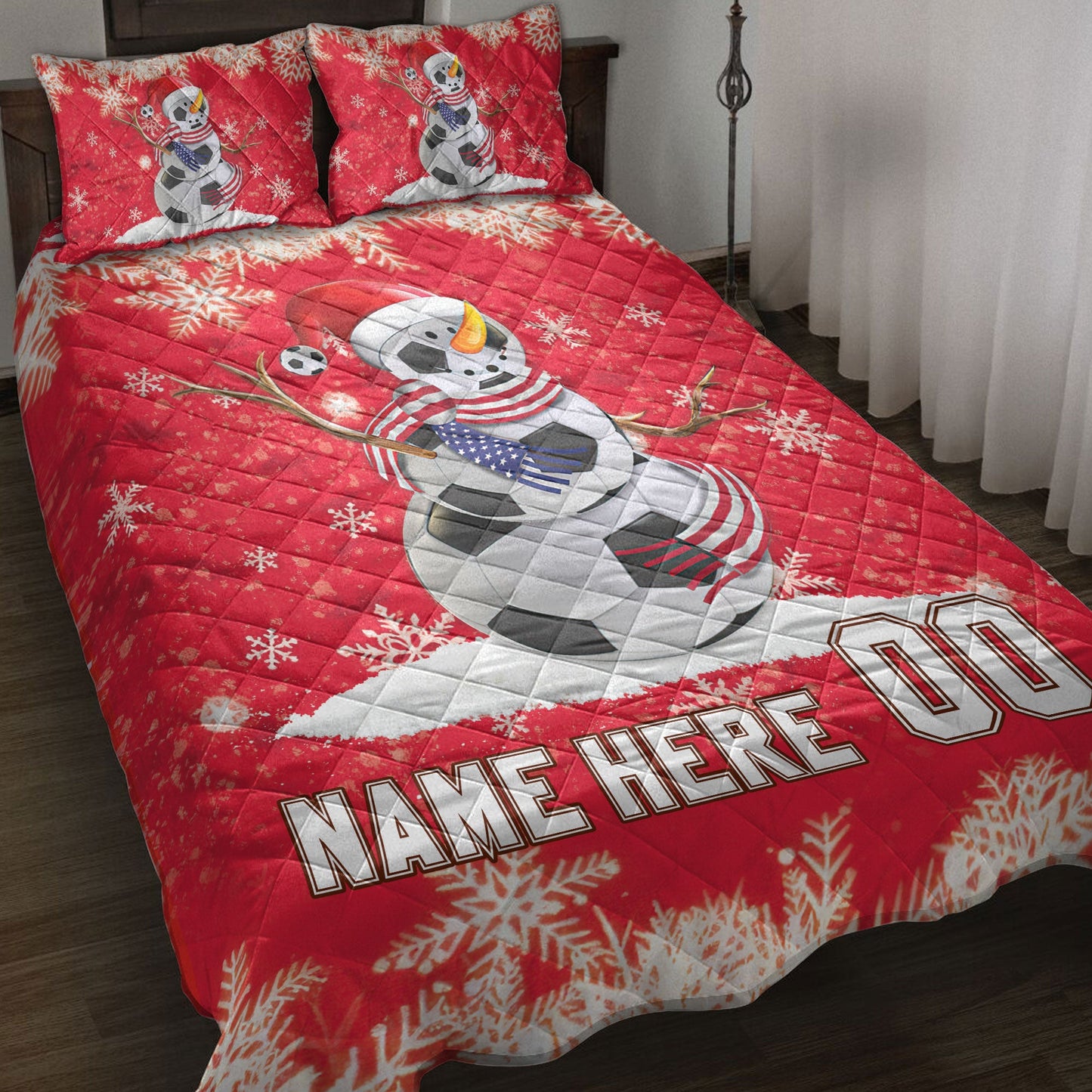 Personalized Soccer Quilt Set, Soccer Snowmanmas Quilt Blanket With Pillowcases, Custom Name and Number Quilt Bedding Set, Christmas Gift