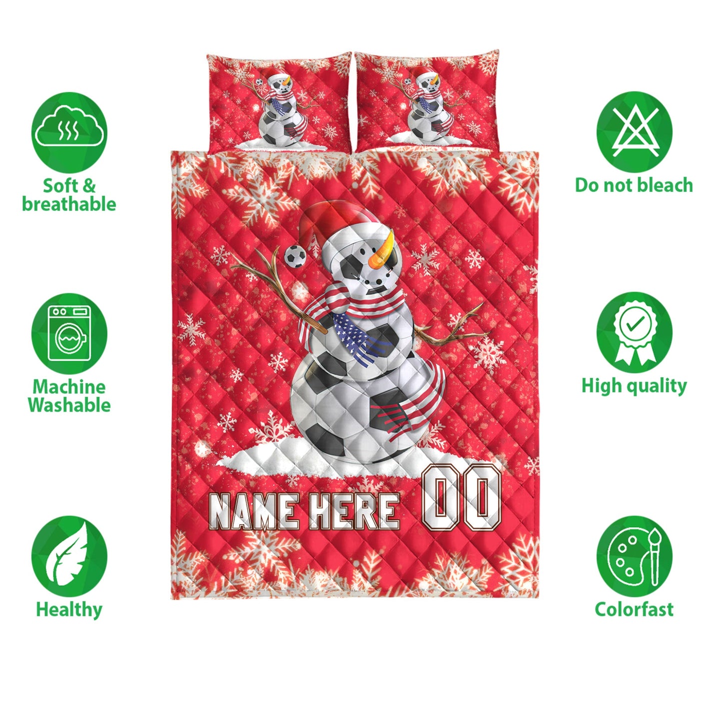 Personalized Soccer Quilt Set, Soccer Snowmanmas Quilt Blanket With Pillowcases, Custom Name and Number Quilt Bedding Set, Christmas Gift