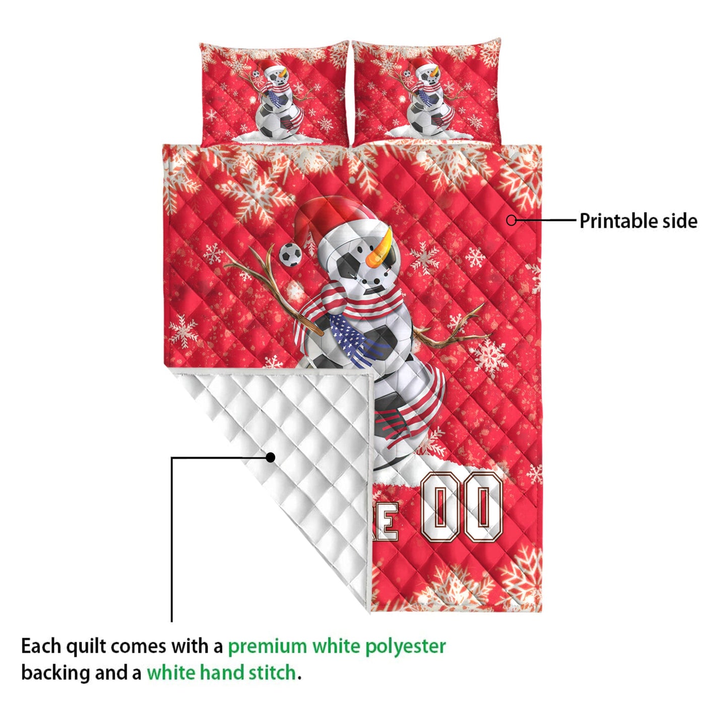 Personalized Soccer Quilt Set, Soccer Snowmanmas Quilt Blanket With Pillowcases, Custom Name and Number Quilt Bedding Set, Christmas Gift