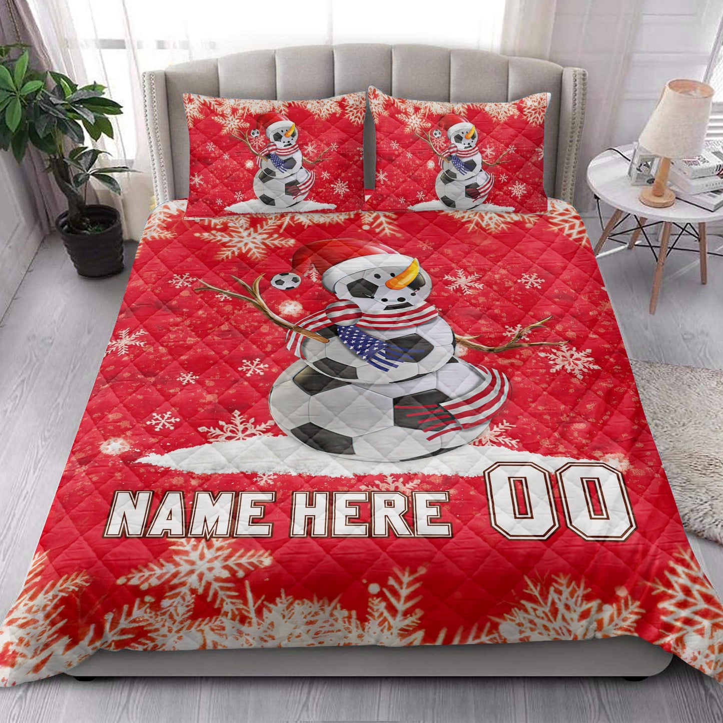 Personalized Soccer Quilt Set, Soccer Snowmanmas Quilt Blanket With Pillowcases, Custom Name and Number Quilt Bedding Set, Christmas Gift