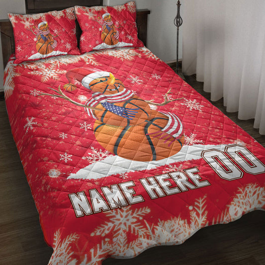 Personalized Basketball Quilt Set, Basketball Snowmanmas Quilt Blanket With Pillowcases, Custom Name and Number Quilt Bedding Set, Christmas Gift