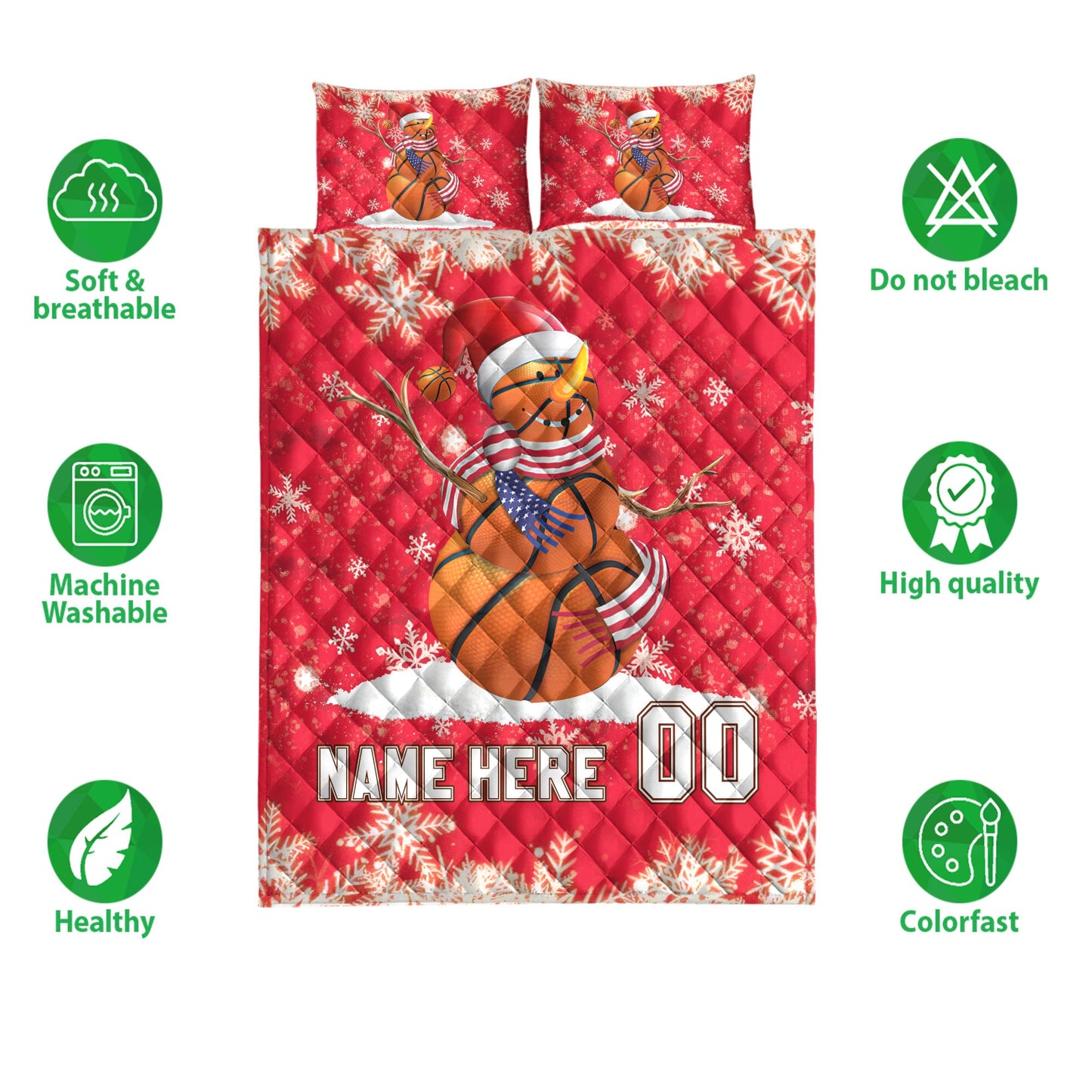 Personalized Basketball Quilt Set, Basketball Snowmanmas Quilt Blanket With Pillowcases, Custom Name and Number Quilt Bedding Set, Christmas Gift