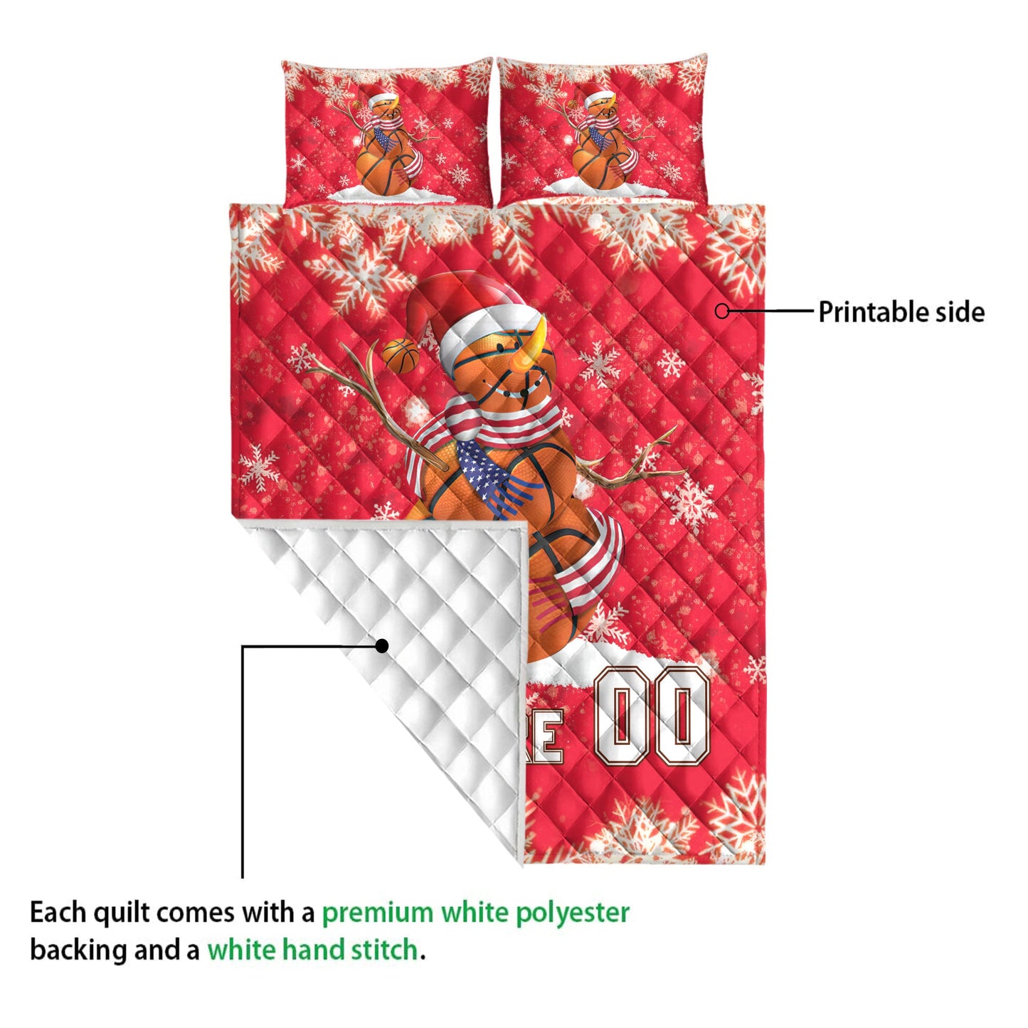 Personalized Basketball Quilt Set, Basketball Snowmanmas Quilt Blanket With Pillowcases, Custom Name and Number Quilt Bedding Set, Christmas Gift