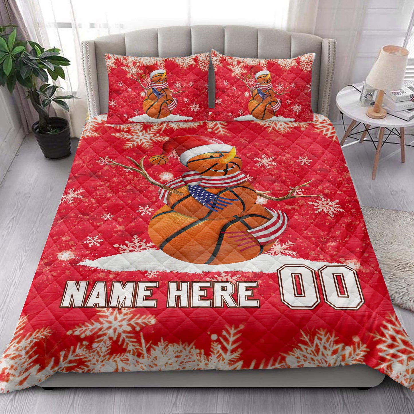 Personalized Basketball Quilt Set, Basketball Snowmanmas Quilt Blanket With Pillowcases, Custom Name and Number Quilt Bedding Set, Christmas Gift