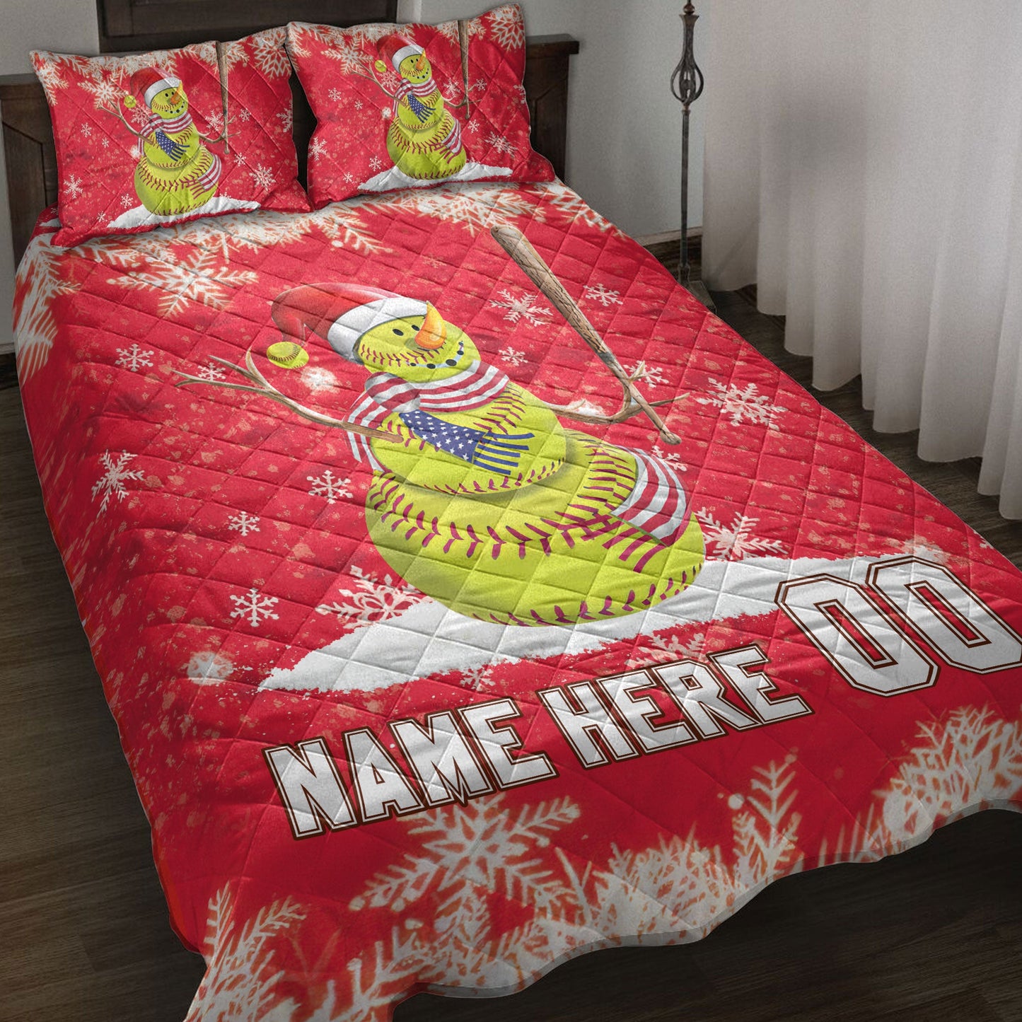 Personalized Softball Quilt Set, Softball Snowmanmas Quilt Blanket With Pillowcases, Custom Name and Number Quilt Bedding Set, Christmas Gift