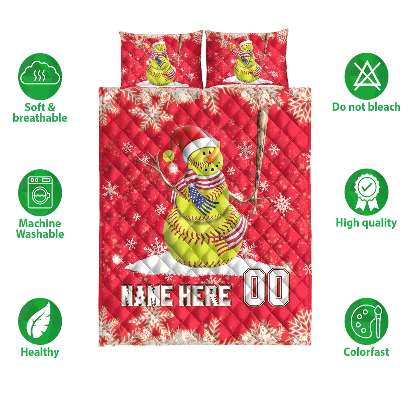 Personalized Softball Quilt Set, Softball Snowmanmas Quilt Blanket With Pillowcases, Custom Name and Number Quilt Bedding Set, Christmas Gift