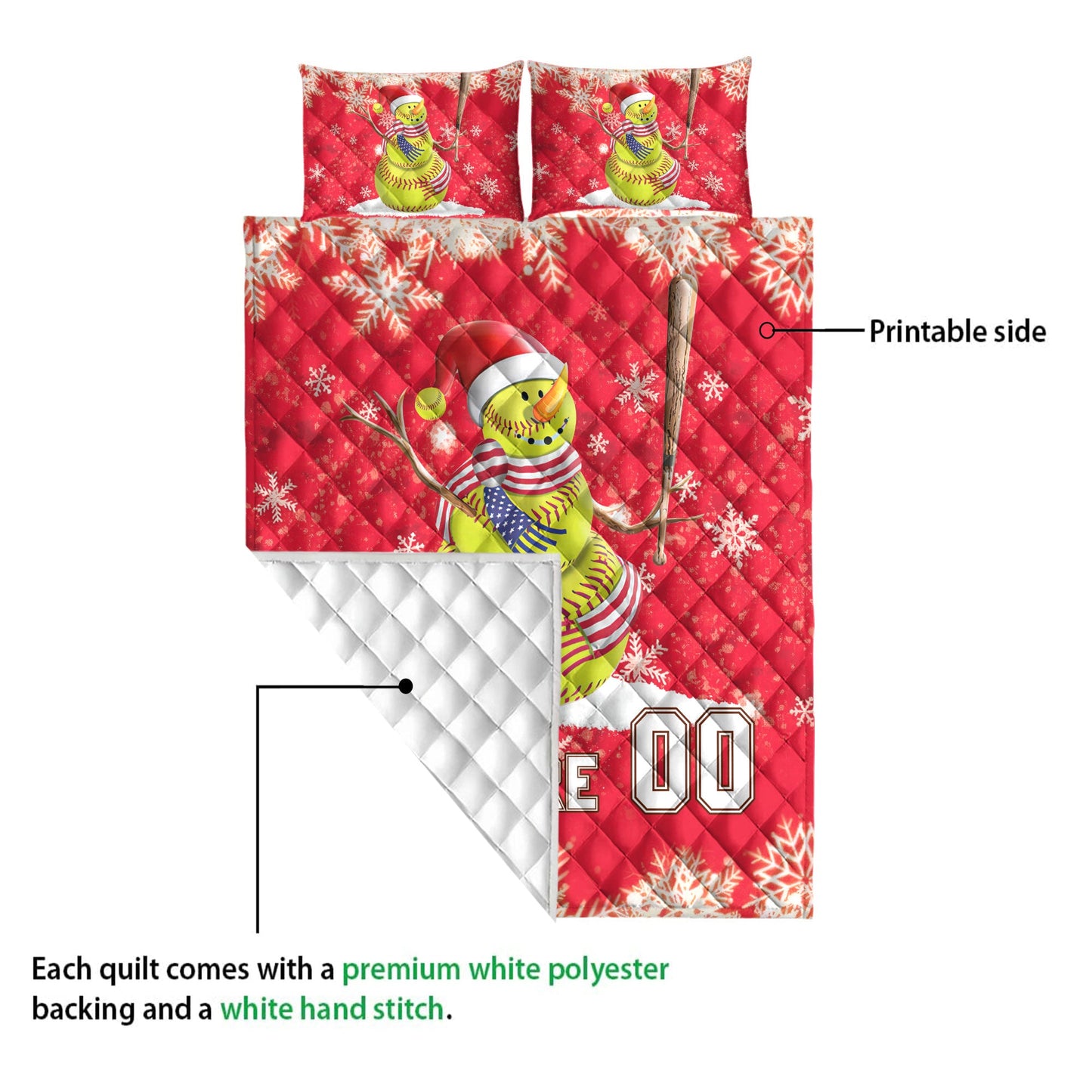 Personalized Softball Quilt Set, Softball Snowmanmas Quilt Blanket With Pillowcases, Custom Name and Number Quilt Bedding Set, Christmas Gift