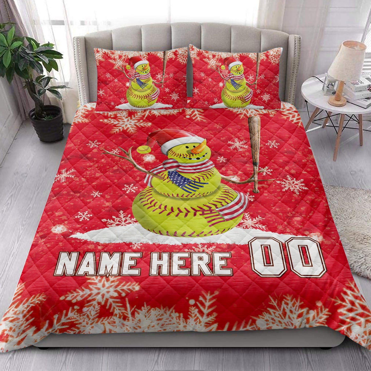 Personalized Softball Quilt Set, Softball Snowmanmas Quilt Blanket With Pillowcases, Custom Name and Number Quilt Bedding Set, Christmas Gift