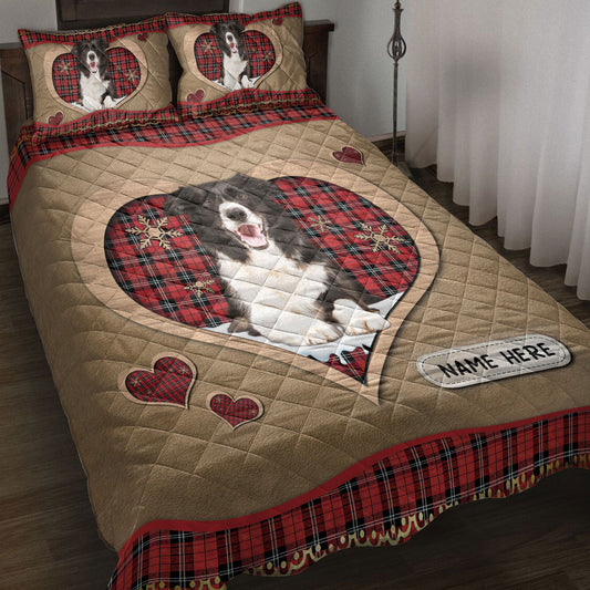 Personalized Border Collie Quilt Set, Border Colliemas Heart Red Plaid Quilt Blanket With Pillowcases, Custom Name Quilt Bedding Set, Christmas Gift