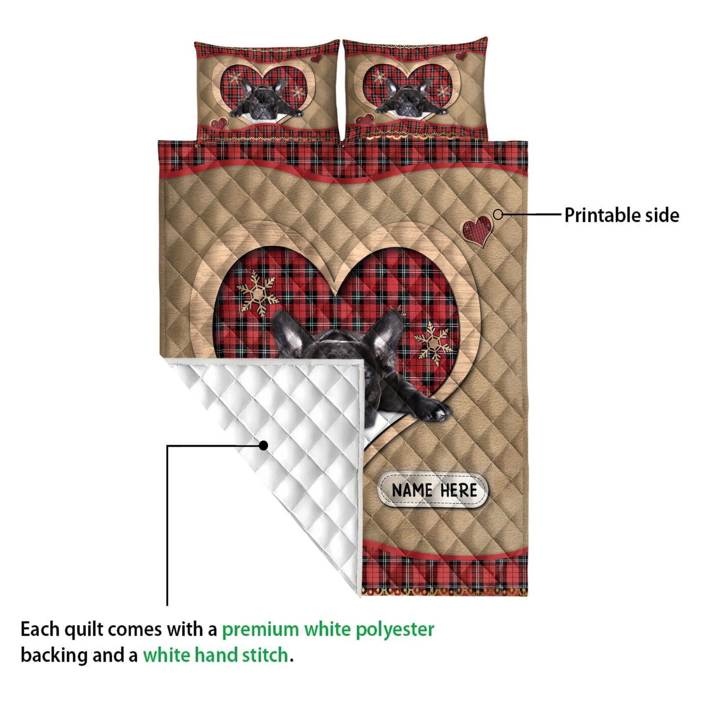 Personalized Pug Quilt Set, Black Pugmas Heart Red Plaid Quilt Blanket With Pillowcases, Custom Name Quilt Bedding Set, Christmas Gift