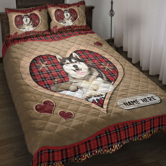 Personalized Husky Quilt Set, H Usky Sibirmas Heart Red Plaid Quilt Blanket With Pillowcases, Custom Name Quilt Bedding Set, Christmas Gift