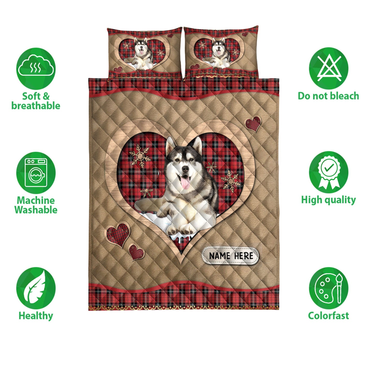 Personalized Husky Quilt Set, H Usky Sibirmas Heart Red Plaid Quilt Blanket With Pillowcases, Custom Name Quilt Bedding Set, Christmas Gift