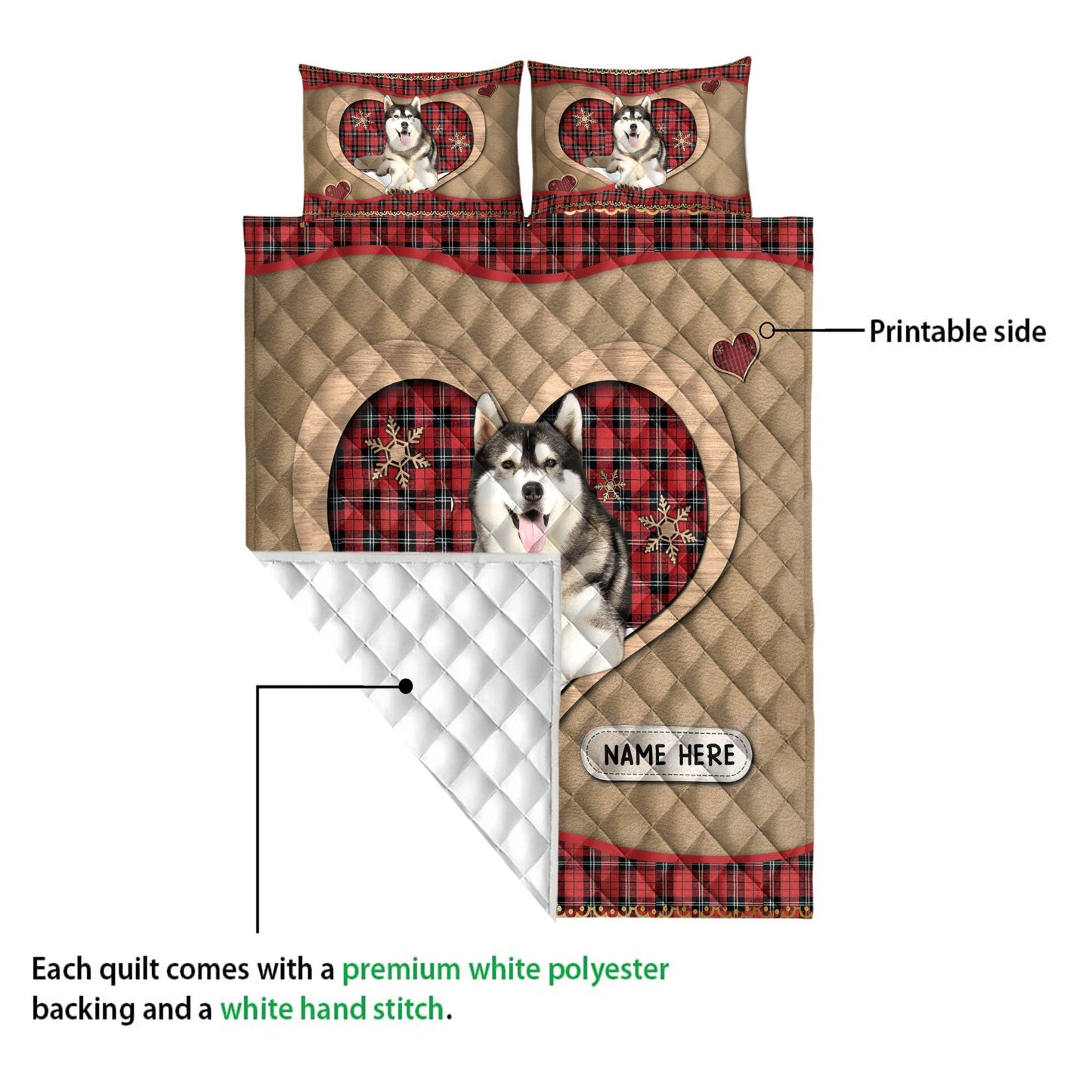 Personalized Husky Quilt Set, H Usky Sibirmas Heart Red Plaid Quilt Blanket With Pillowcases, Custom Name Quilt Bedding Set, Christmas Gift