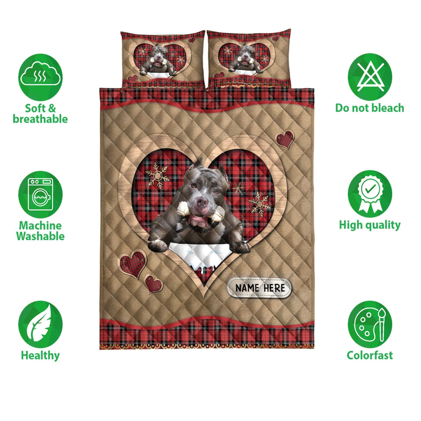 Personalized Pitbull Quilt Set, Pitbullmas Heart Red Plaid Quilt Blanket With Pillowcases, Custom Name Quilt Bedding Set, Christmas Gift