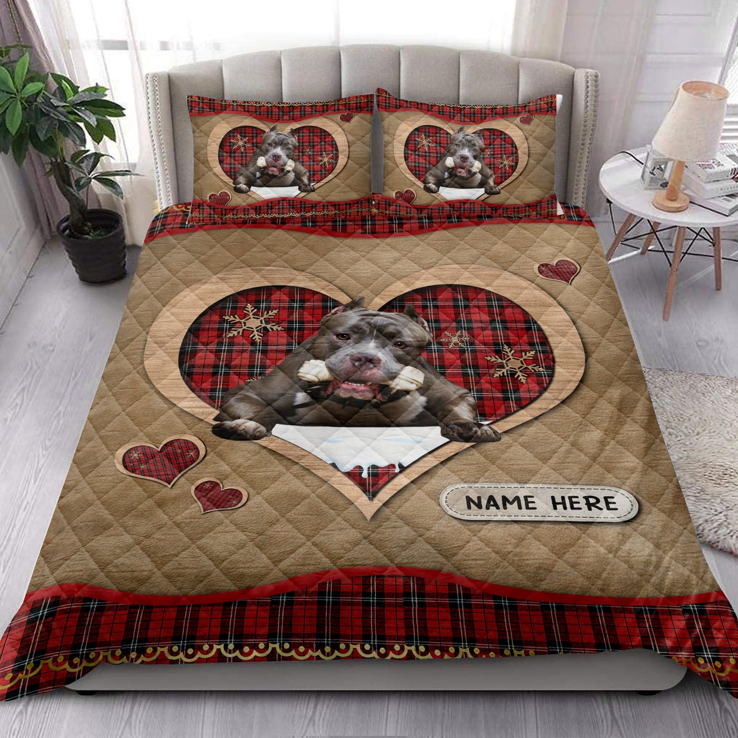 Personalized Pitbull Quilt Set, Pitbullmas Heart Red Plaid Quilt Blanket With Pillowcases, Custom Name Quilt Bedding Set, Christmas Gift