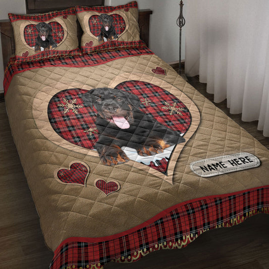 Personalized Rottweiler Quilt Set, Rottweilermas Heart Red Plaid Quilt Blanket With Pillowcases, Custom Name Quilt Bedding Set, Christmas Gift